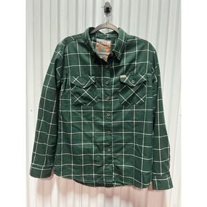 Dixxon Shirt Womens Large Green White Plaid Button Up The Rim Flannel Pockets
